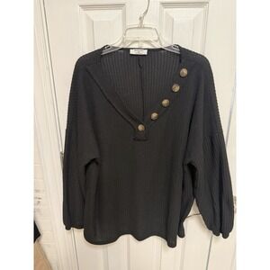 Women's 2X Black Waffle Knit Top Button V Neck Long Sleeve Casual Boho Zenana